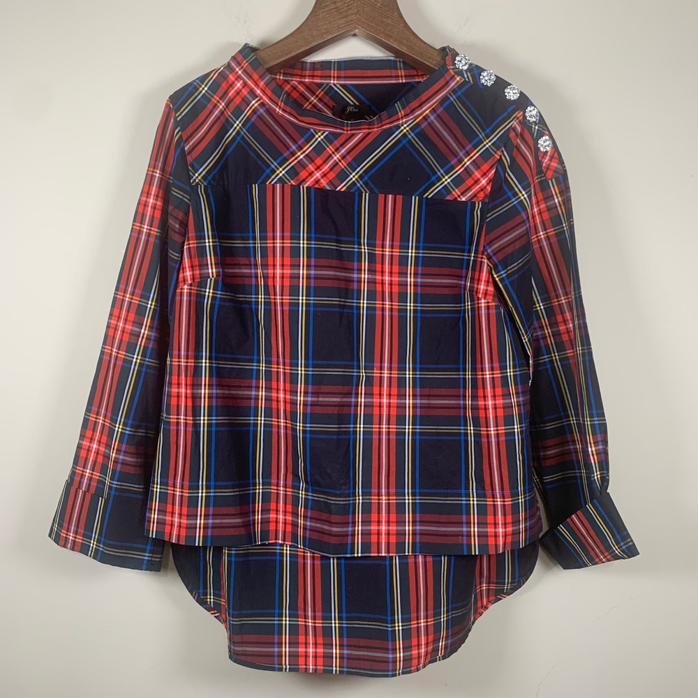 J.Crew Funnel Neck Stewart Tartan Plaid Jeweled Shoulder Blouse Size 12
